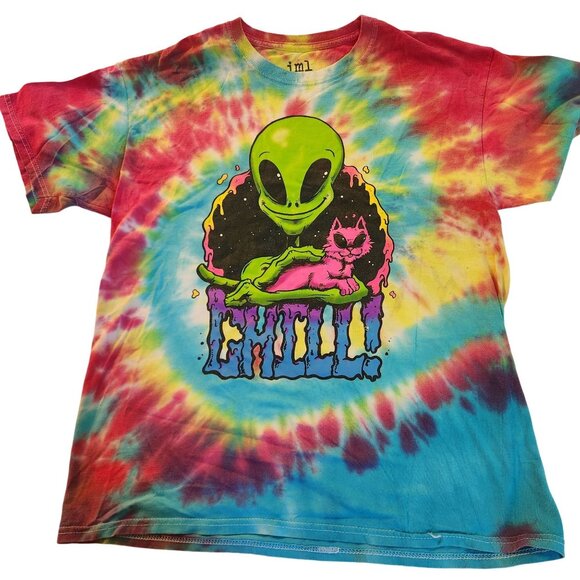 Alien & Cat Tie-Dye T-Shirt - Chill! Graphic - Isaac Morris - L - 100% Cotton - Picture 1 of 4
